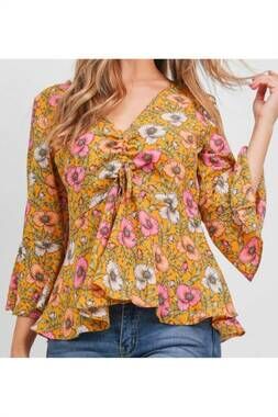 NEW SISTER FASHION women's floral flowing boho babydoll top in yellow